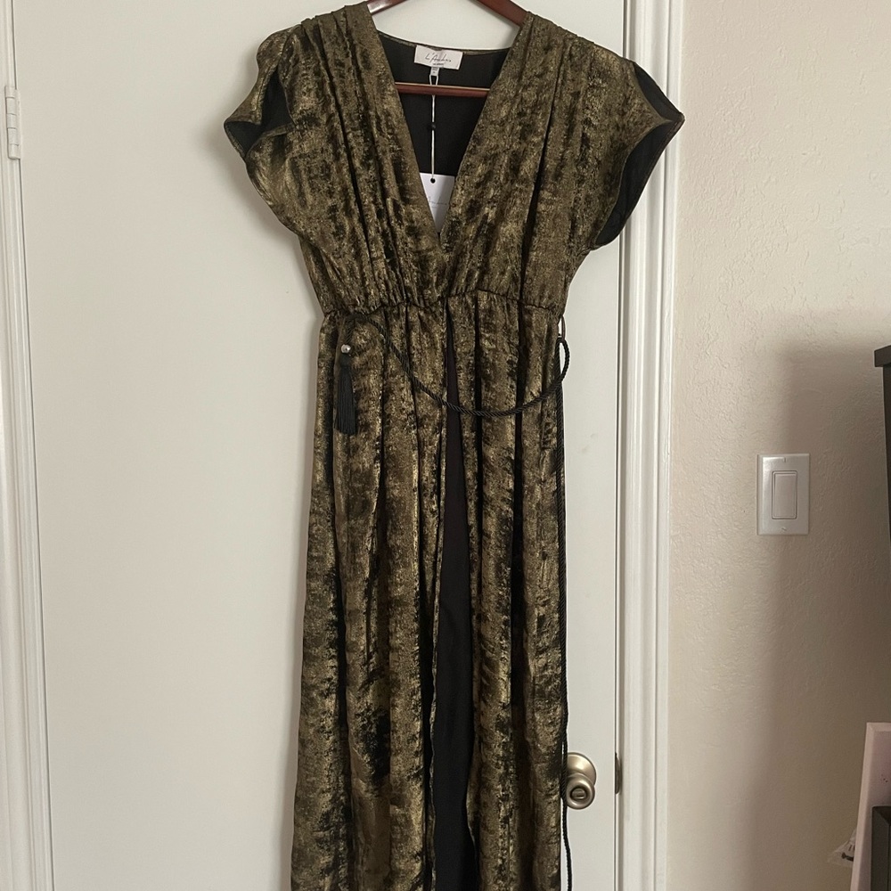 L’Academie midi wrap hold black gown dress w tie